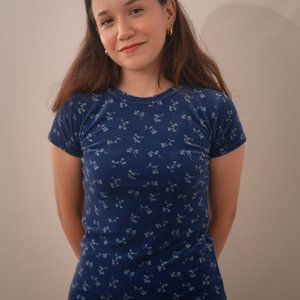 2000s Vintage GAP Blue Velvet Floral Grunge Midi Dress